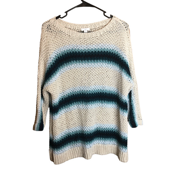 J. Jill Sweaters - J. Jill Coastal Cream Blue Ombre Stripe Open Knit Linen Sweater Size Large